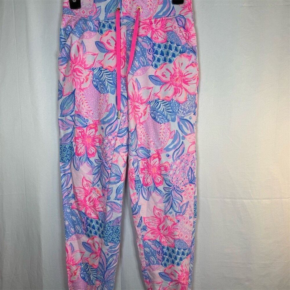 Lilly Pulitzer Jogger Pants Womens XS Pink Blue Tropical Floral Drawstring